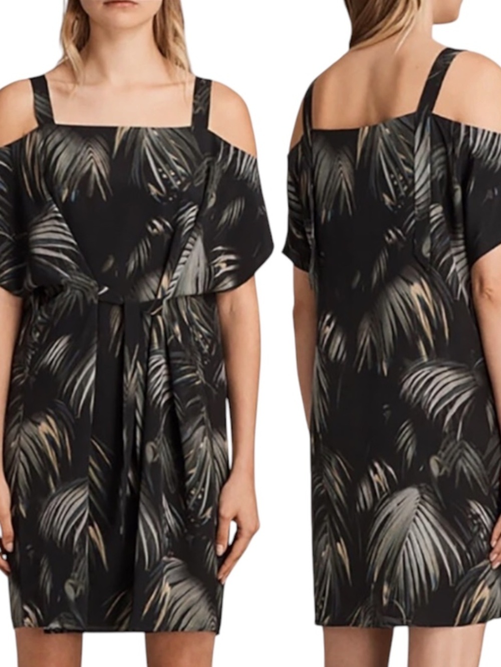 AllSaints Rae Neluwa Silk Palm Print Cold Shoulder Dress